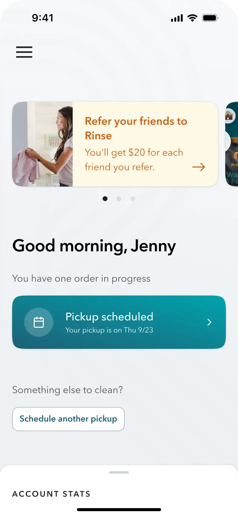 Mobile app screenshot showing the tracking of Rinse order status within the app