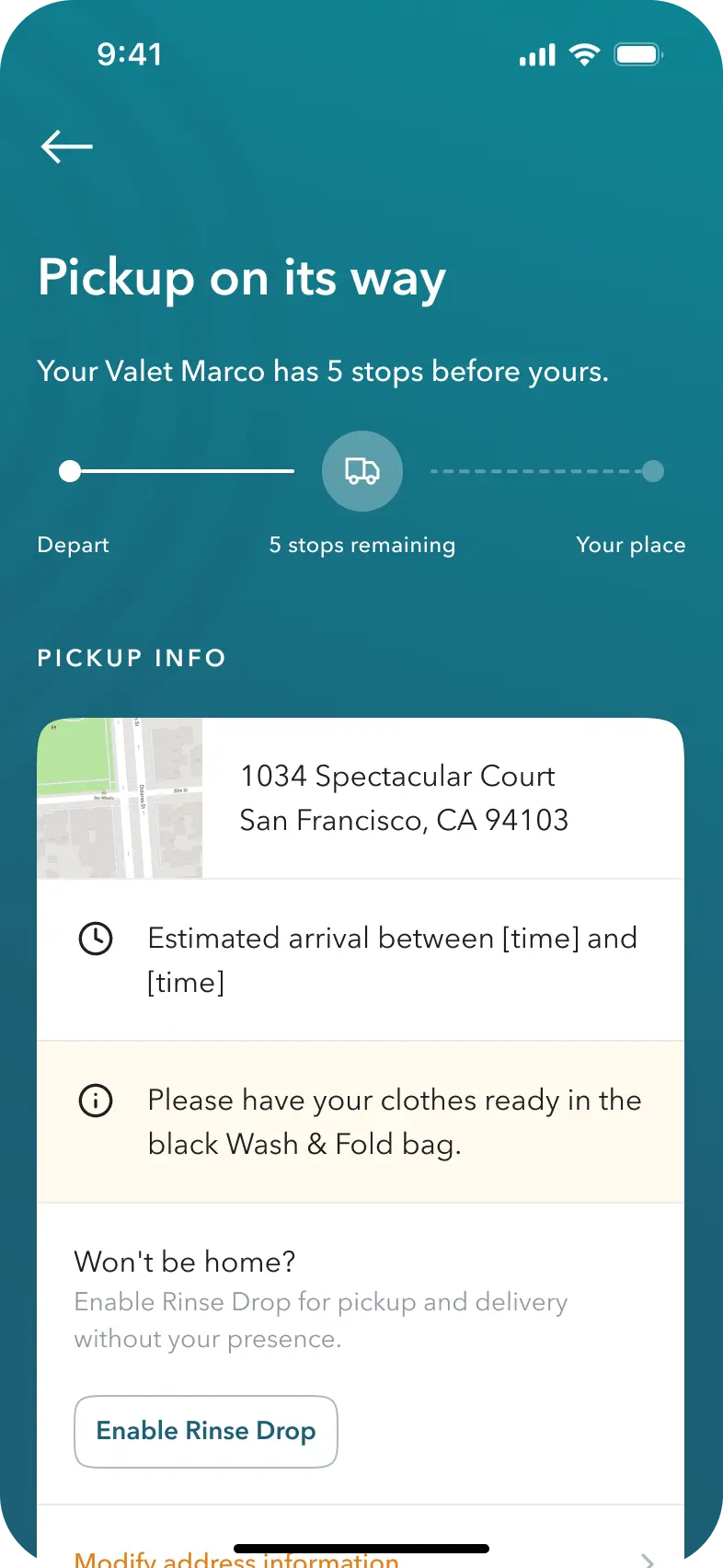 Mobile app screenshot showing the scheduling information for a Rinse within the app