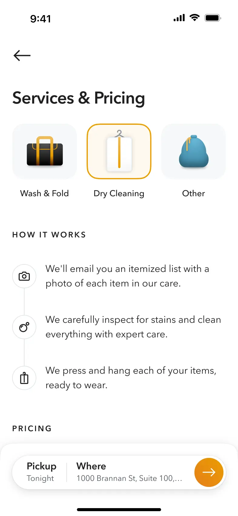 Mobile app screenshot showing the benefits of the dry cleaning service within the app